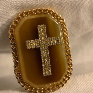 Jan Byers-Brown agate stone brooch,rhinestone cross applied and gold tone chain